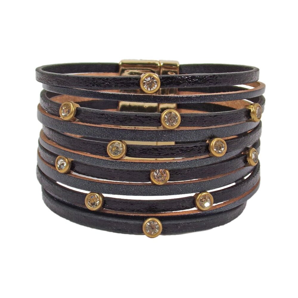 Wide black leather bracelet with 11 strands and small round clear crystals